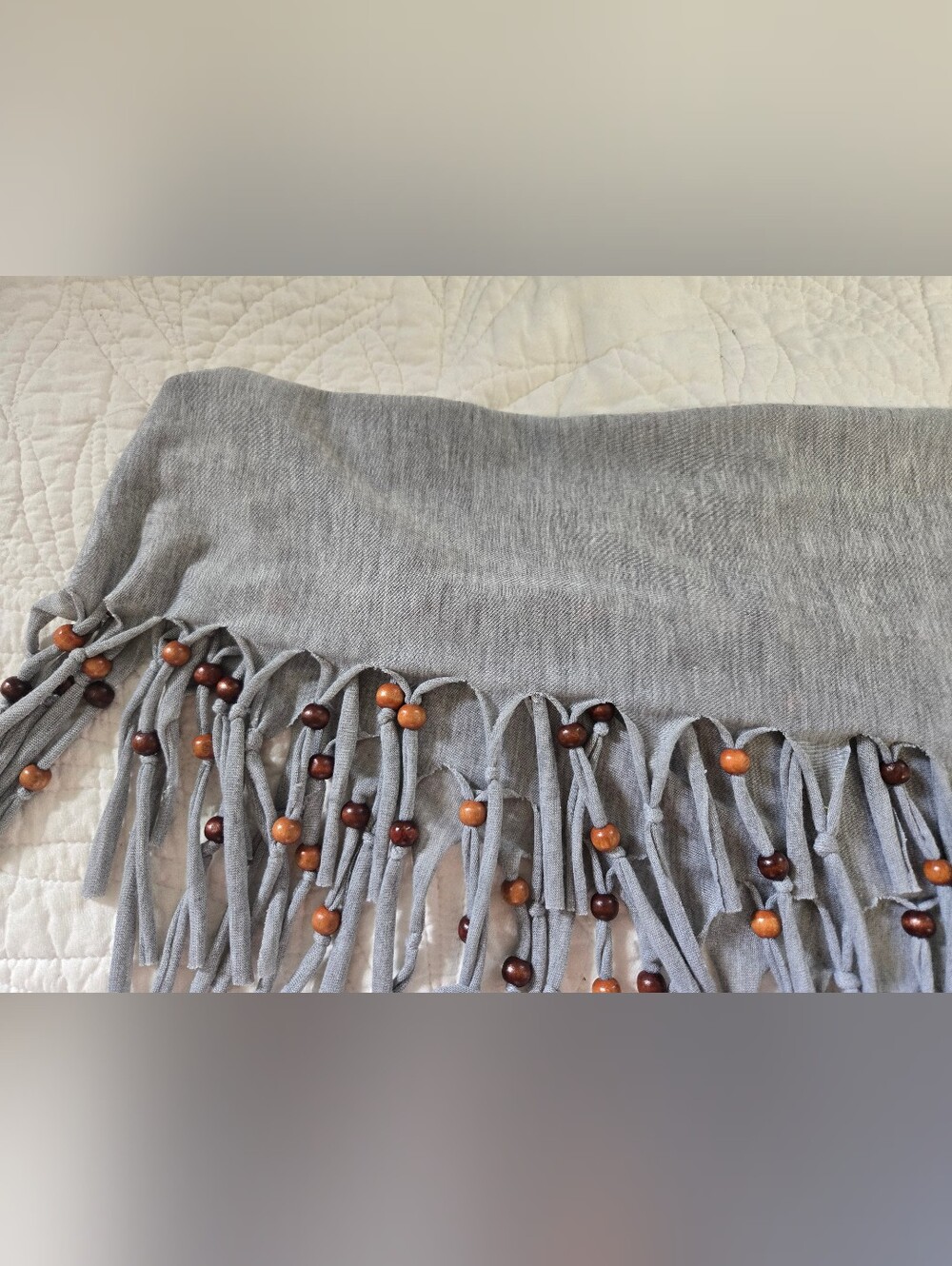 Fringed Beaded Knit Infinity Scarf Wrap - Light Gray